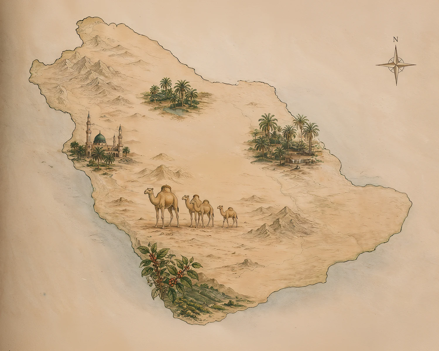 Saudi dates, coffee cherries and camel milk arranged on dark stone